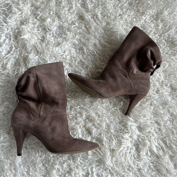 Michael Kors Carey Suede Leather Heeled Booties/Boots Sz 7 Gray Tan Pointy Toe - Picture 1 of 13